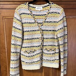 Heartloom Striped Bouclé Cardigan in Cream, Yellow & blue , tan & lavender .